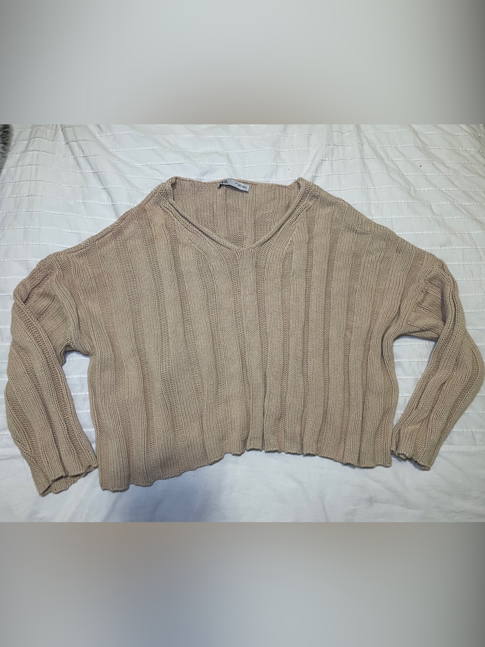 ZARA Taupe Ribbed Crew Neck Knit Sweater Large